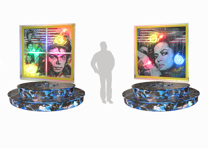 King and Queen • Höhe 220 cm  Acrylglaskasten 160 x 160 x 20 cm • beidseitige Leinwand in Acryltechnik farbige Neonlichtobjekte rundes Stufenpodest in Acryltechnik • Diagonale 210 cm durch Elektromotor stufenlos drehbar   